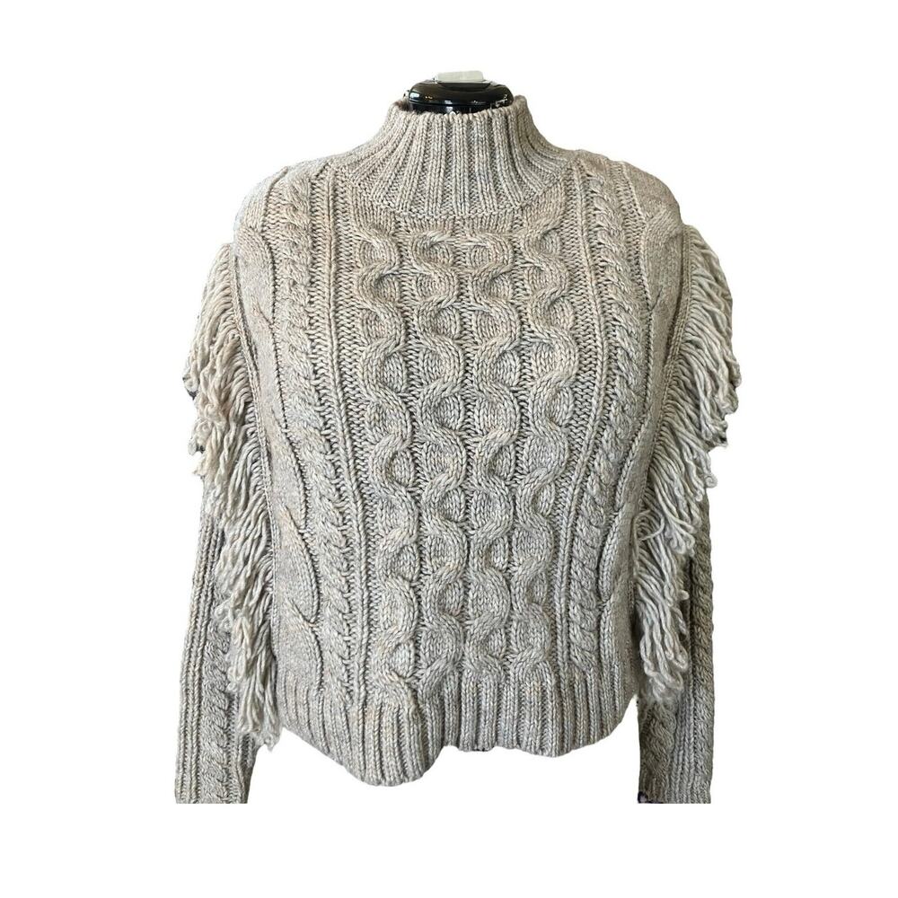 Universal Thread Women's Gray/Oatmeal Fringe Mock Neck Cable Knit Sweater SZ S